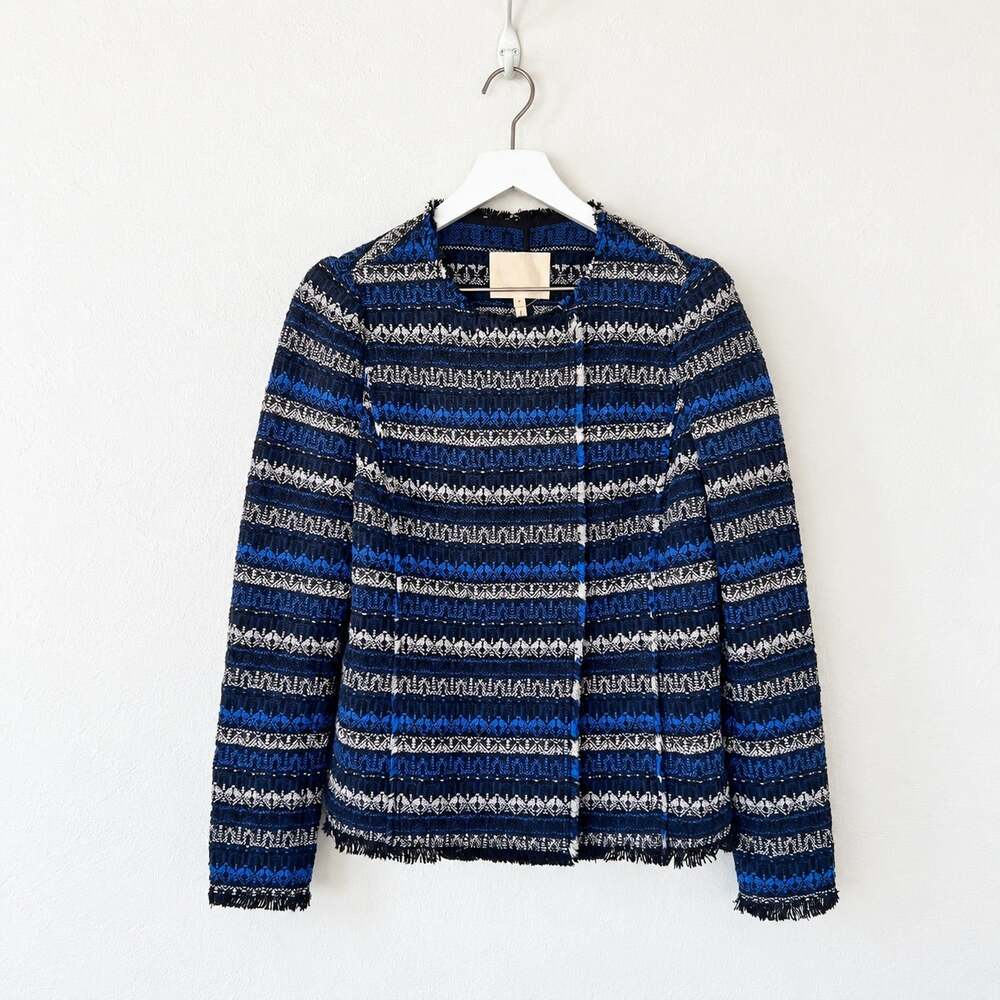 Rebecca Taylor Blue Black Geometric Striped Tweed Fringe Jacket Size 6